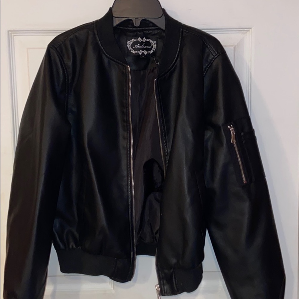 Black leather puffer jacket